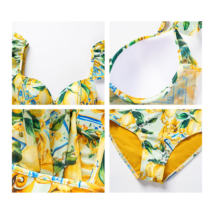 Yüksek Bel Limon Fiesta Volanlı Monokini Seti