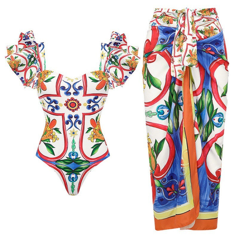 Retro Emaye Monokini ve Pareo Seti