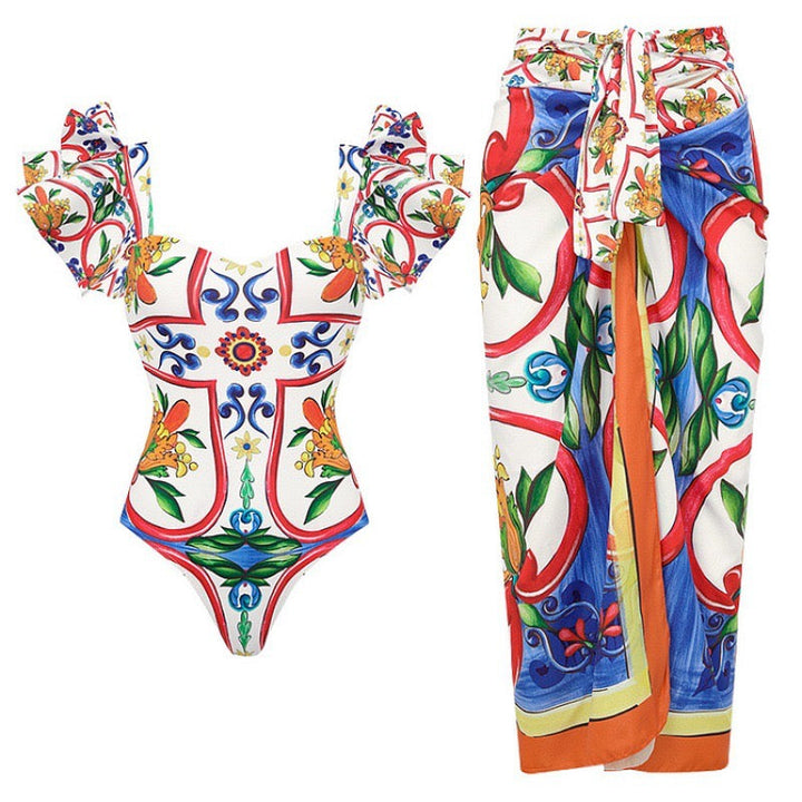 Retro Emaye Monokini ve Pareo Seti
