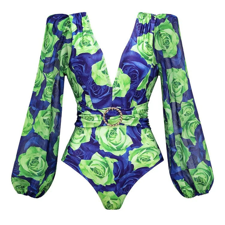 Yüksek Bel Yeşil Gül Monokini Takımı