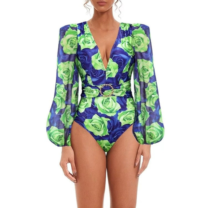Yüksek Bel Yeşil Gül Monokini Takımı