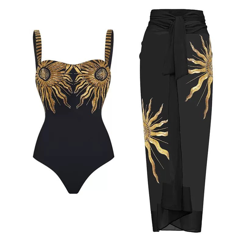 Altın Eclipse Yüksek Bel Monokini ve Sarong Seti