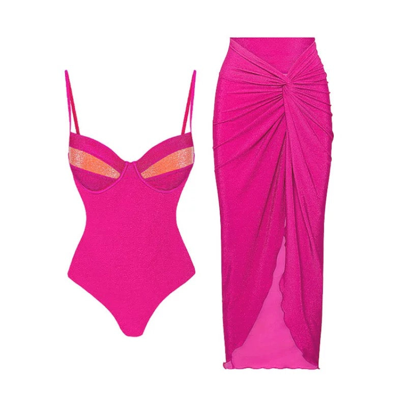 Yüksek Bel Sıcak Pembe Monokini Etek Seti