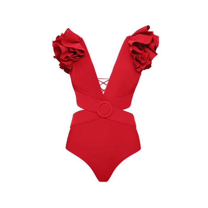 Yüksek Bel Fırfırlı Koyu Kırmızı Bikini