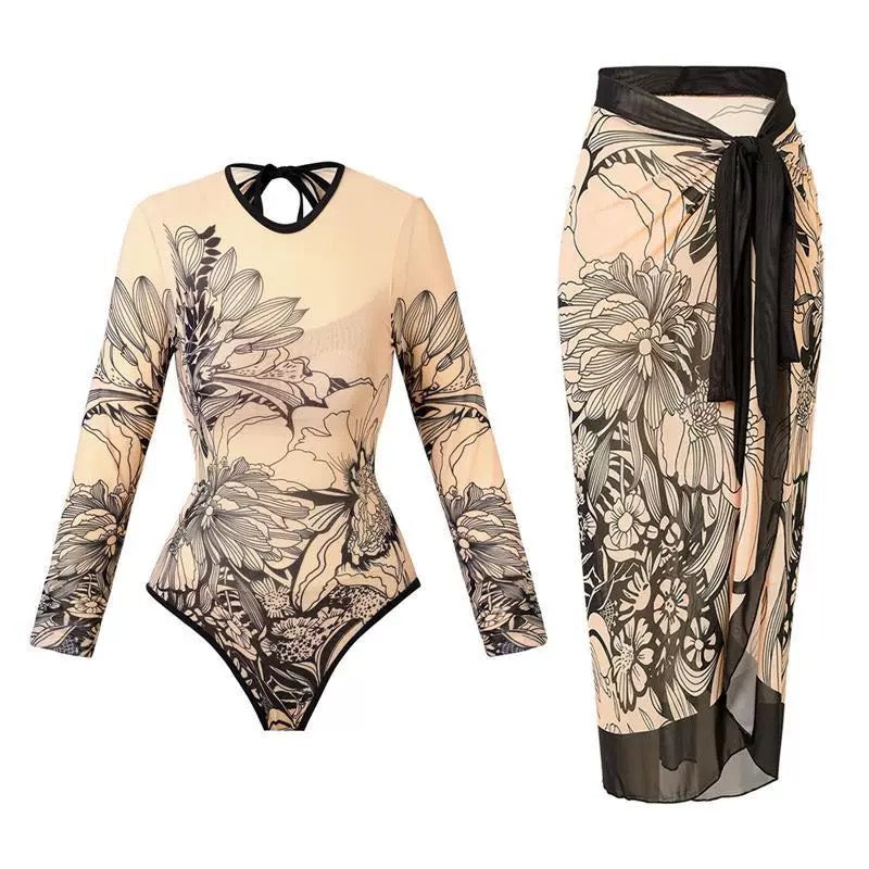 Çiçek Desenli Monokini ve Sarong Seti