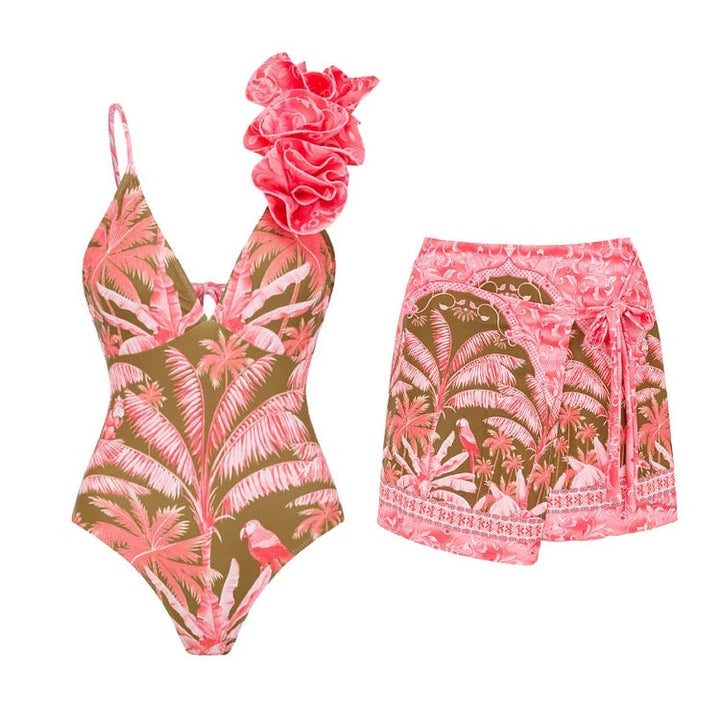 Fiji Flora Yüksek Bel Etekli Monokini Seti