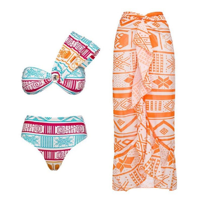 Çok Renkli Yüksek Bel Bikini Üç Parça Seti