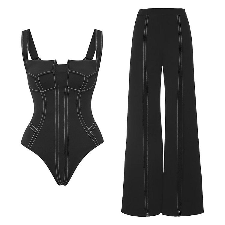 Yüksek Bel Kontur Monokini ve Geniş Paça Pantolon Seti