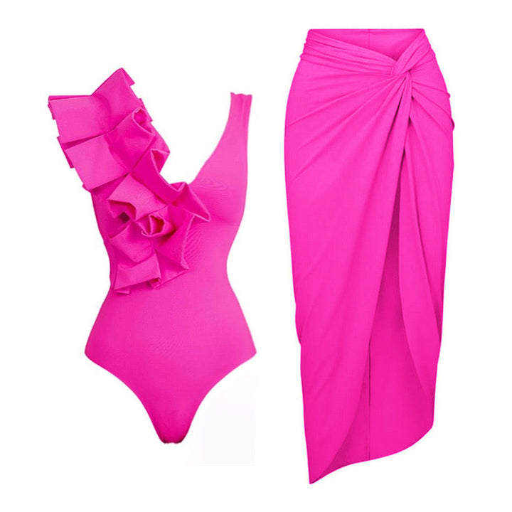 Volan Detaylı Pembe Bikini Takımı ve Elbise Seti