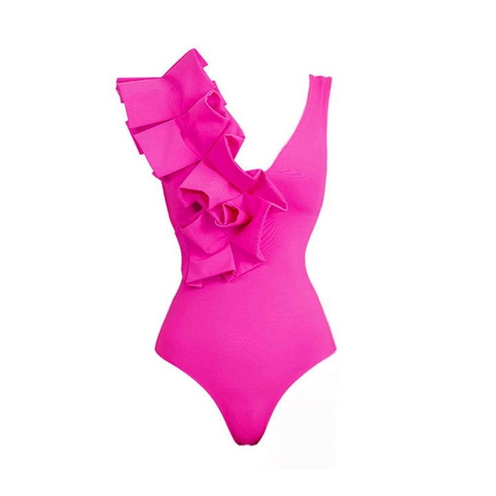 Volan Detaylı Pembe Bikini Takımı ve Elbise Seti