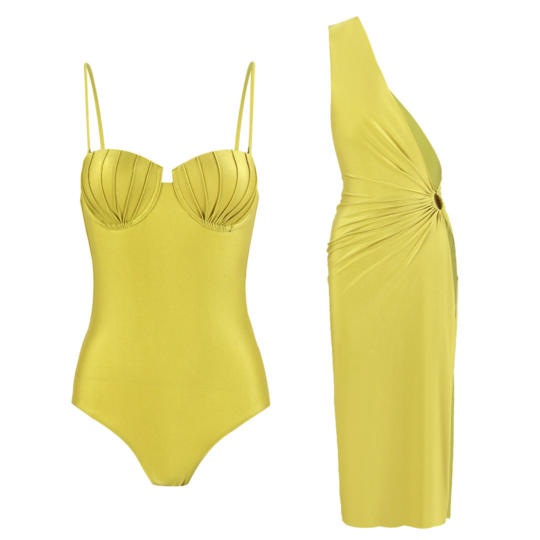 Altın Işıltı Yapılandırılmış Monokini ve Elbise Üstü Seti