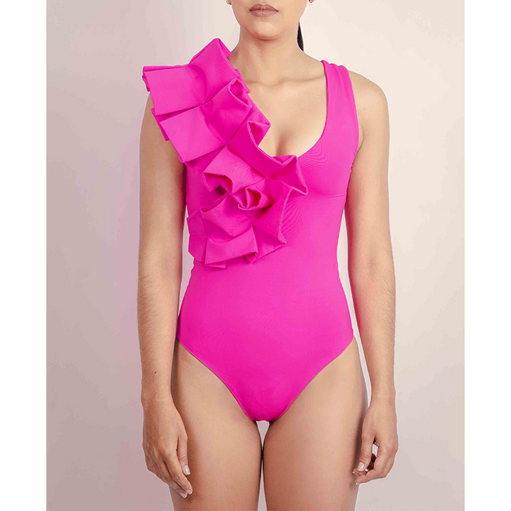 Volan Detaylı Pembe Bikini Takımı ve Elbise Seti