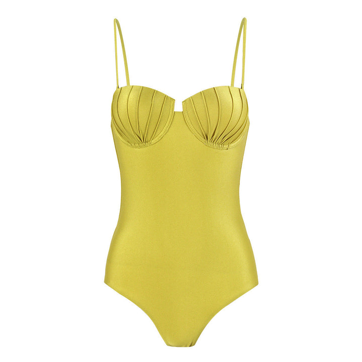 Altın Işıltı Yapılandırılmış Monokini ve Elbise Üstü Seti