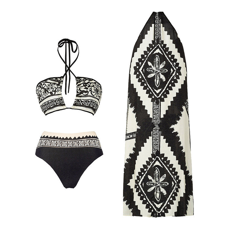 Tribal Desenli Kapaklı Yüksek Bel Bikini Seti