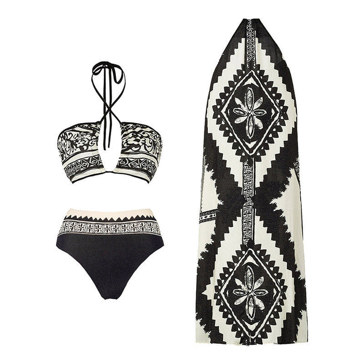 Tribal Desenli Kapaklı Yüksek Bel Bikini Seti