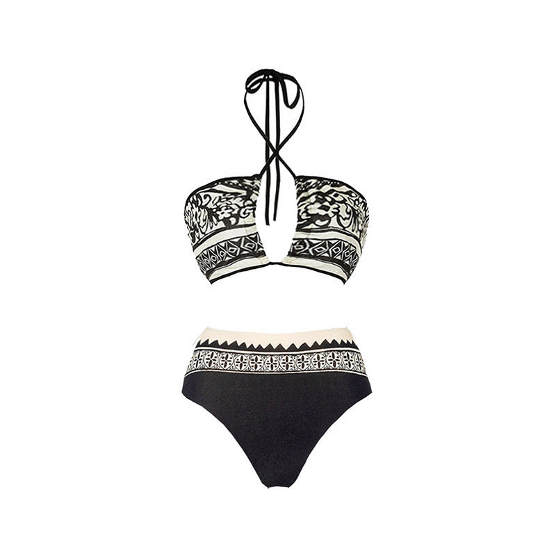 Tribal Desenli Kapaklı Yüksek Bel Bikini Seti