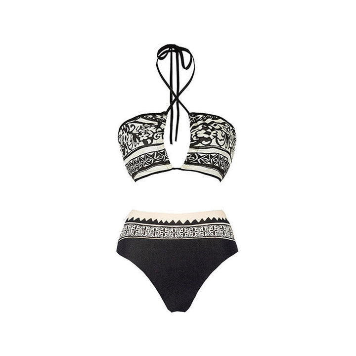 Tribal Desenli Kapaklı Yüksek Bel Bikini Seti