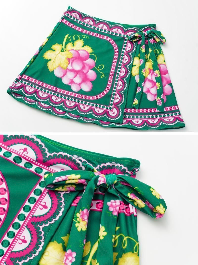 Üzüm Desenli Monokini ve Sarma Etek Seti