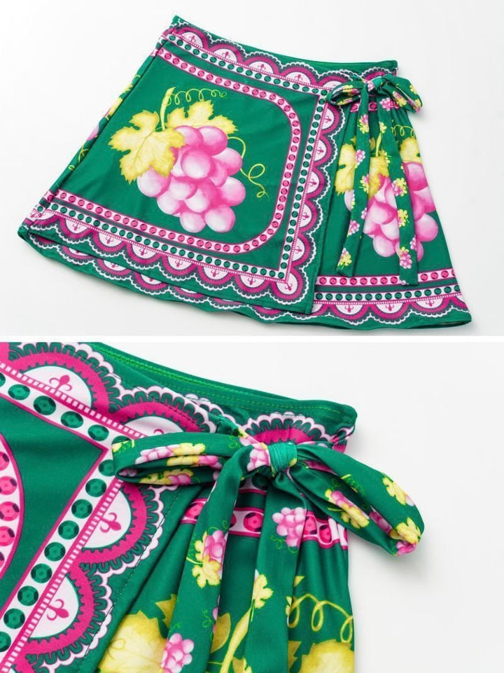 Üzüm Desenli Monokini ve Sarma Etek Seti