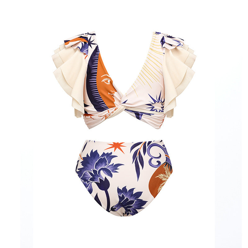 Yıldız Desenli Volanlı Bikini ve Pareo Seti