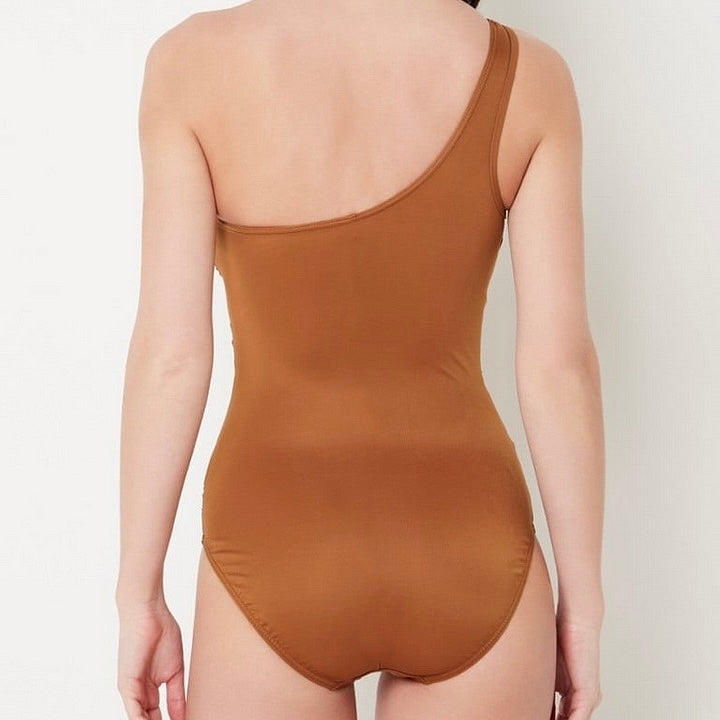 Yüksek Bel Kahverengi Tek Omuz Monokini ve Etek Seti
