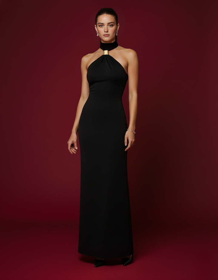 İnes Halter Yaka Lüks Maxi Elbise