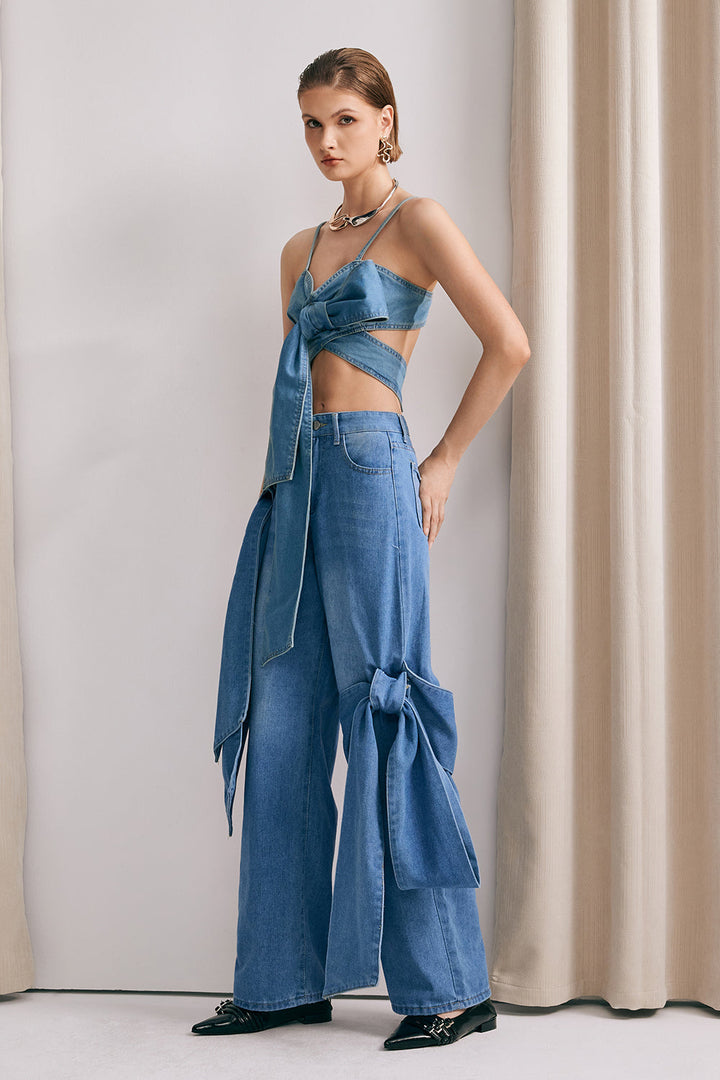Yüksek Bel Fiyonk Detaylı Jean Pantolon