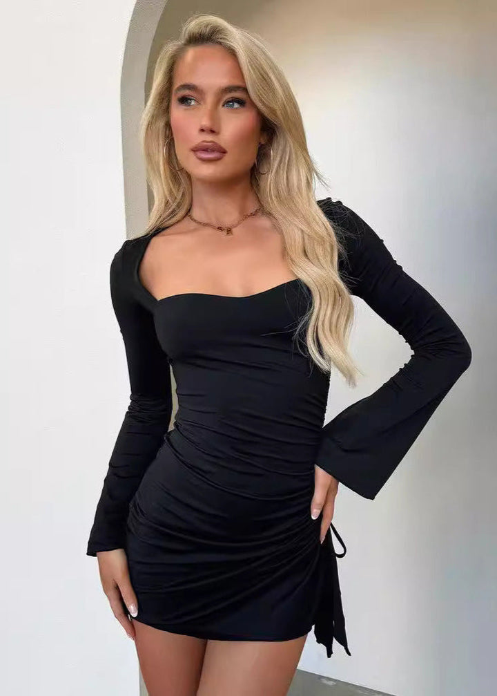 Modern Büzgülü Uzun Kollu Mini Elbise