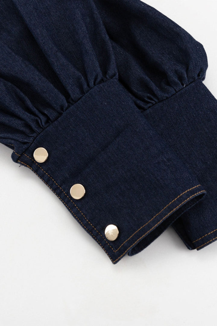 Yüksek Bel Puf Kol Denim Mini Elbise