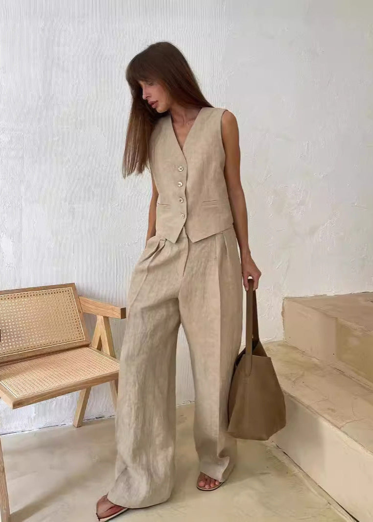 Modern Keten Yelek ve Geniş Paça Pantolon Takımı