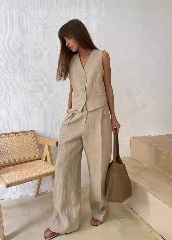 Modern Keten Yelek ve Geniş Paça Pantolon Takımı