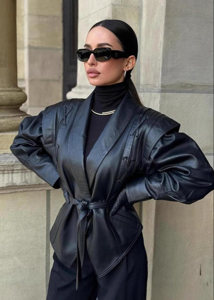 Modern Bağcıklı Suni Deri Blazer Ceket