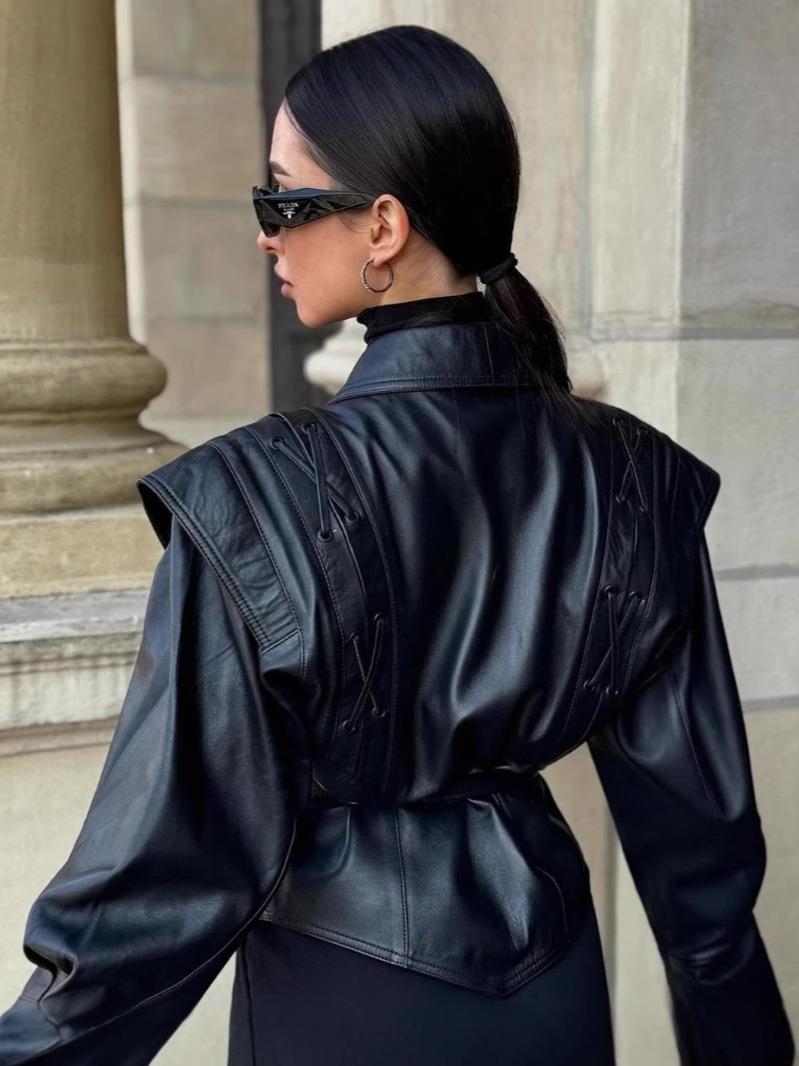 Modern Bağcıklı Suni Deri Blazer Ceket