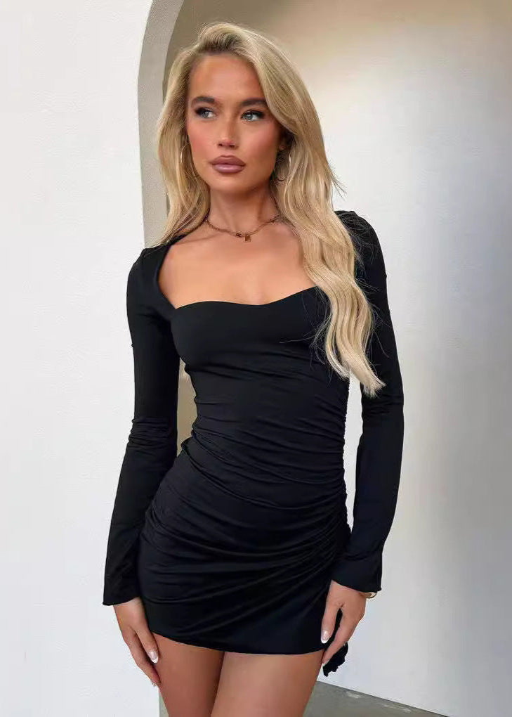 Modern Büzgülü Uzun Kollu Mini Elbise