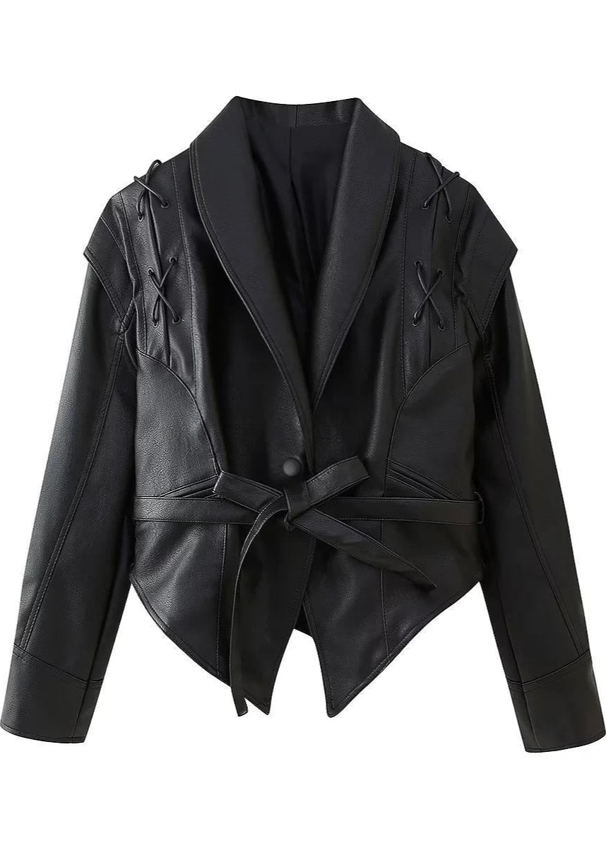 Modern Bağcıklı Suni Deri Blazer Ceket