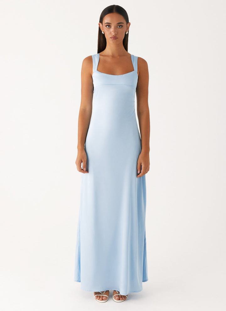 Odette Mavi Saten Maxi Elbise