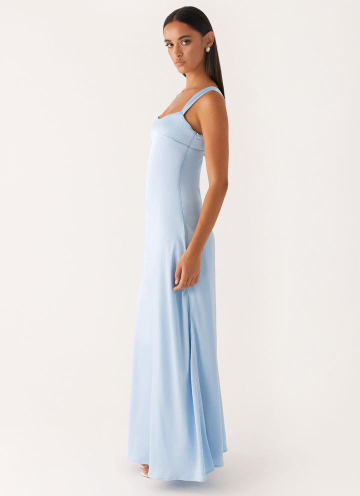 Odette Mavi Saten Maxi Elbise