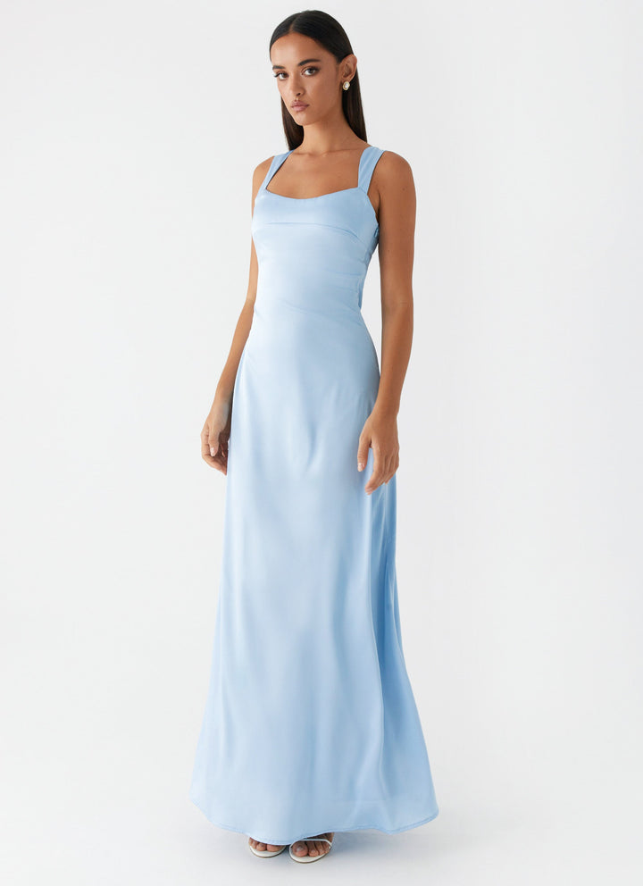 Odette Mavi Saten Maxi Elbise