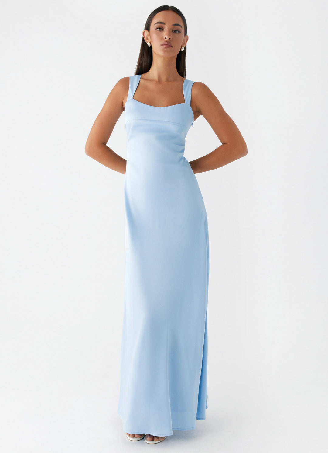 Odette Mavi Saten Maxi Elbise