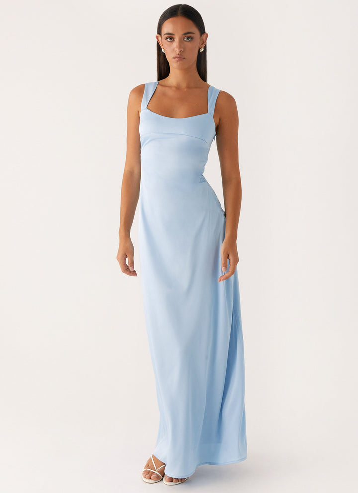Odette Mavi Saten Maxi Elbise