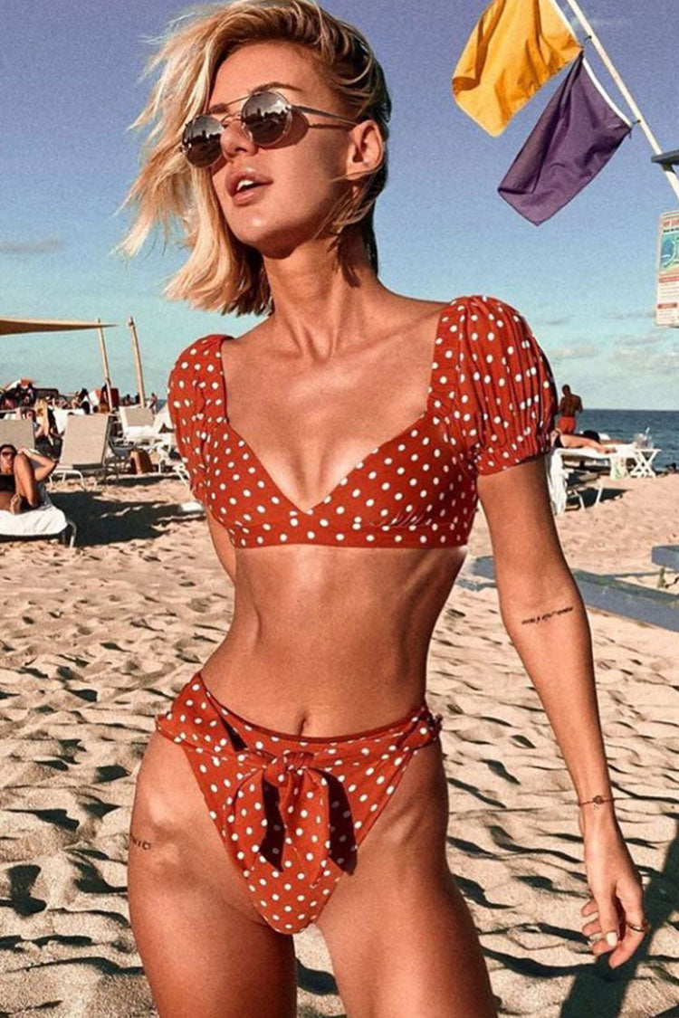 Retro Polka Nokta V Yaka Yüksek Bel İki Parça Bikini