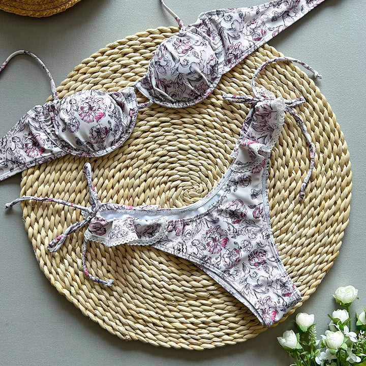 Yüksek Bel Çiçek Desenli Plise Bikini