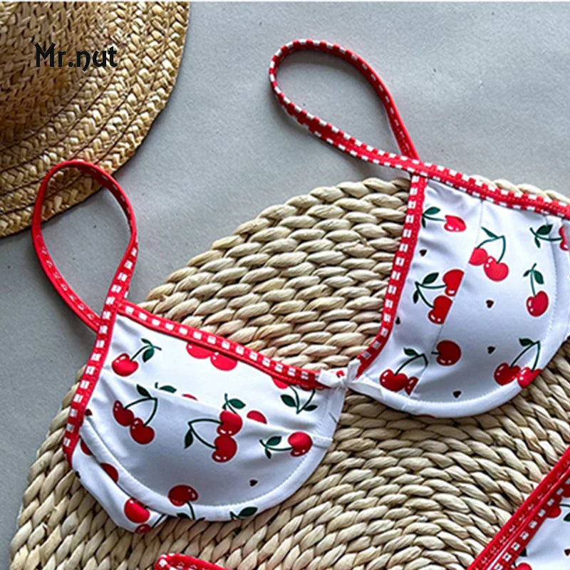 Kiraz Desenli Yüksek Bel Bikini