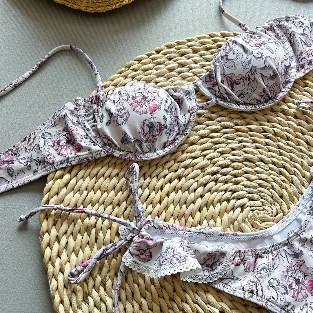 Yüksek Bel Çiçek Desenli Plise Bikini