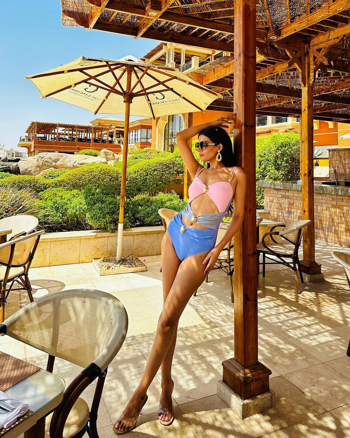 Renk Bloklu Tek Parça Bikini ve Etek Takımı