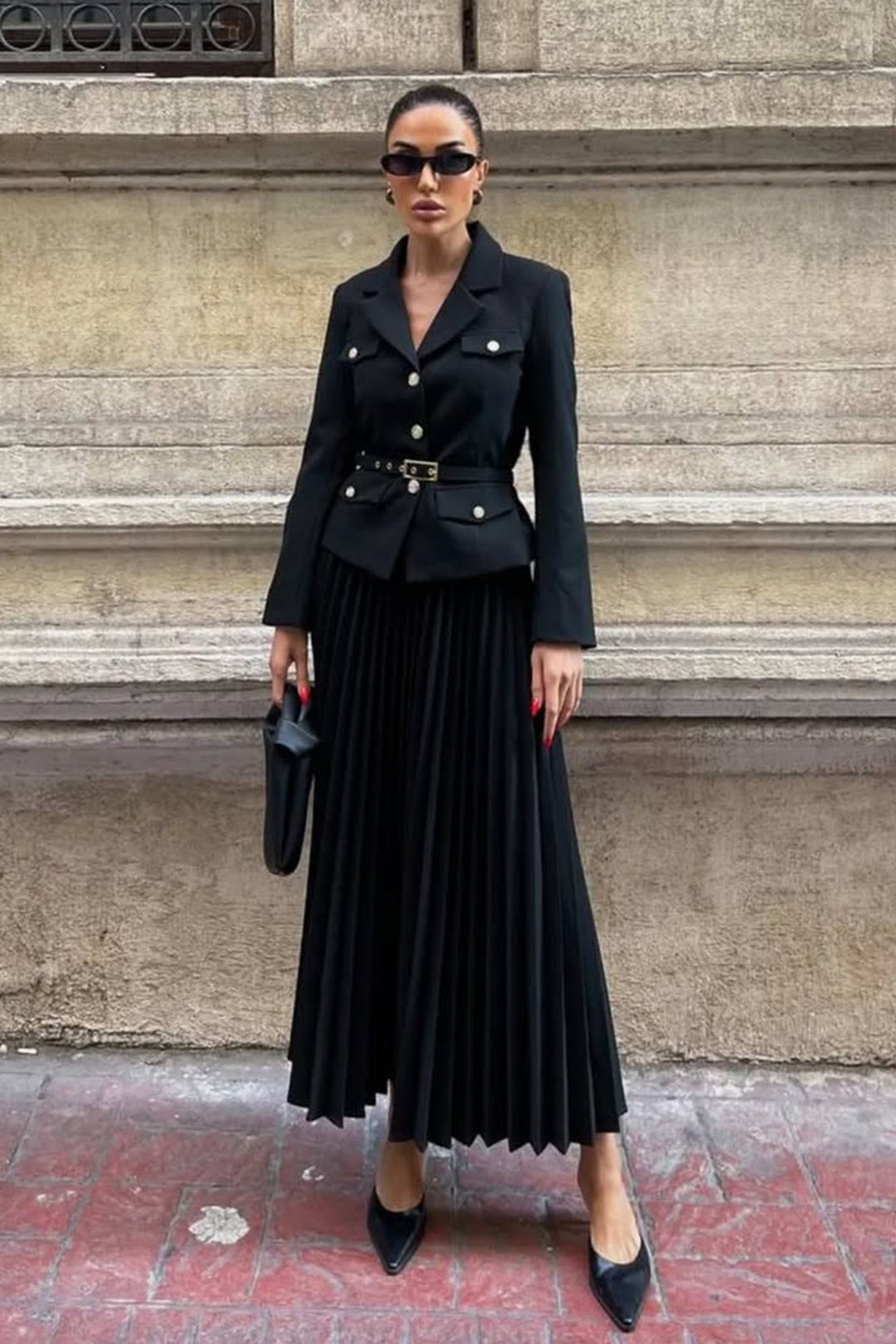 Floransa Kemerli Blazer ve Plise Etek Seti