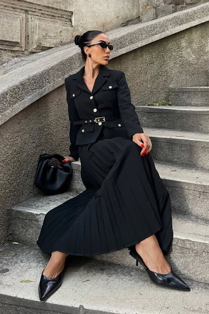Floransa Kemerli Blazer ve Plise Etek Seti