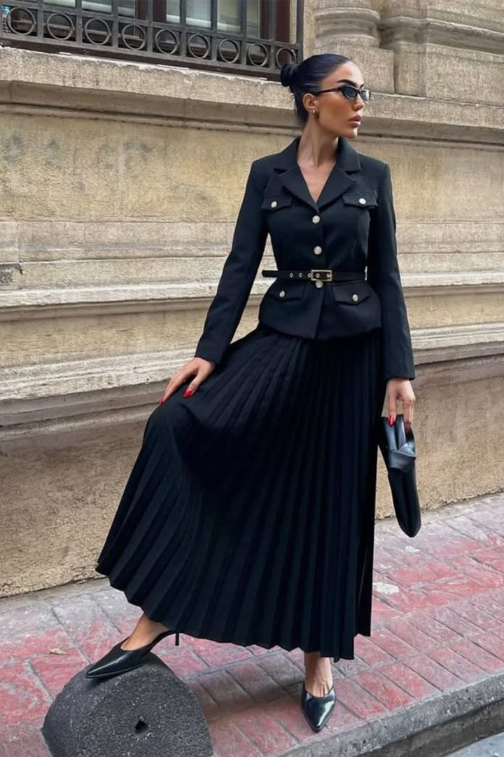 Floransa Kemerli Blazer ve Plise Etek Seti