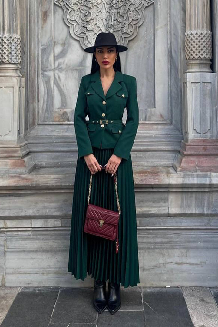 Floransa Kemerli Blazer ve Plise Etek Seti