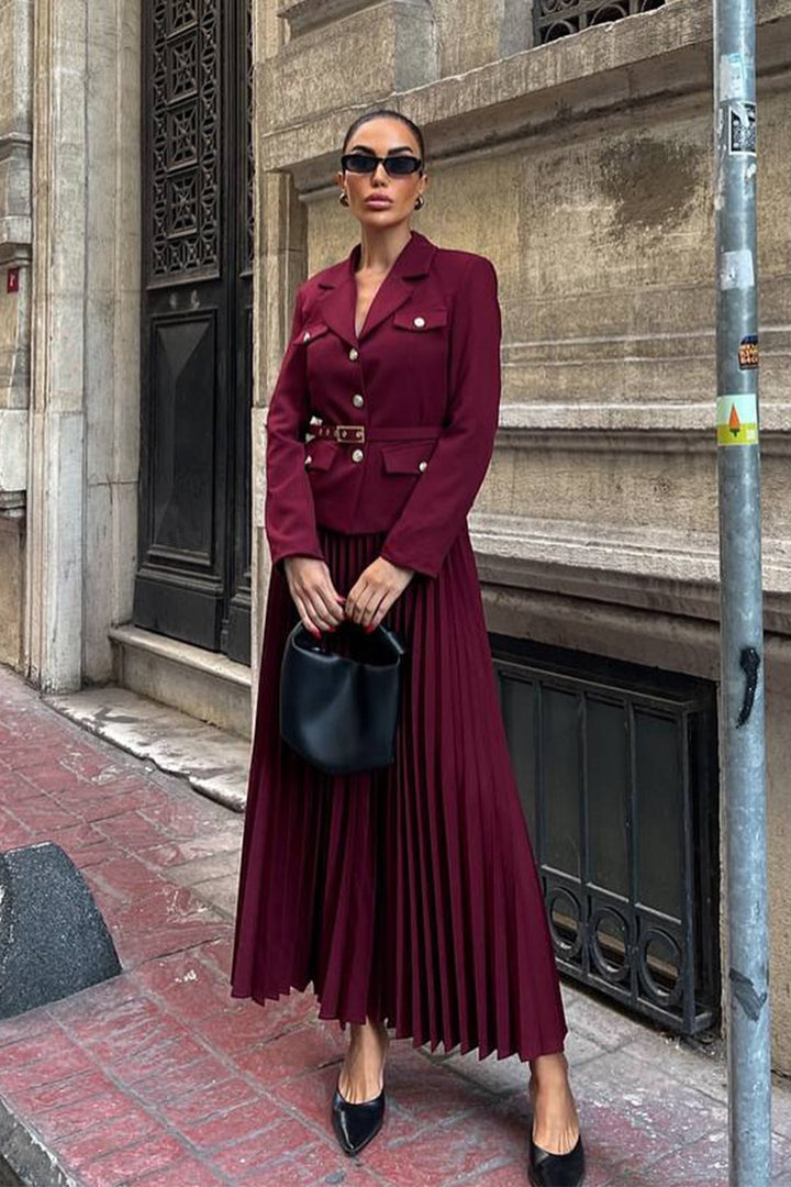 Floransa Kemerli Blazer ve Plise Etek Seti